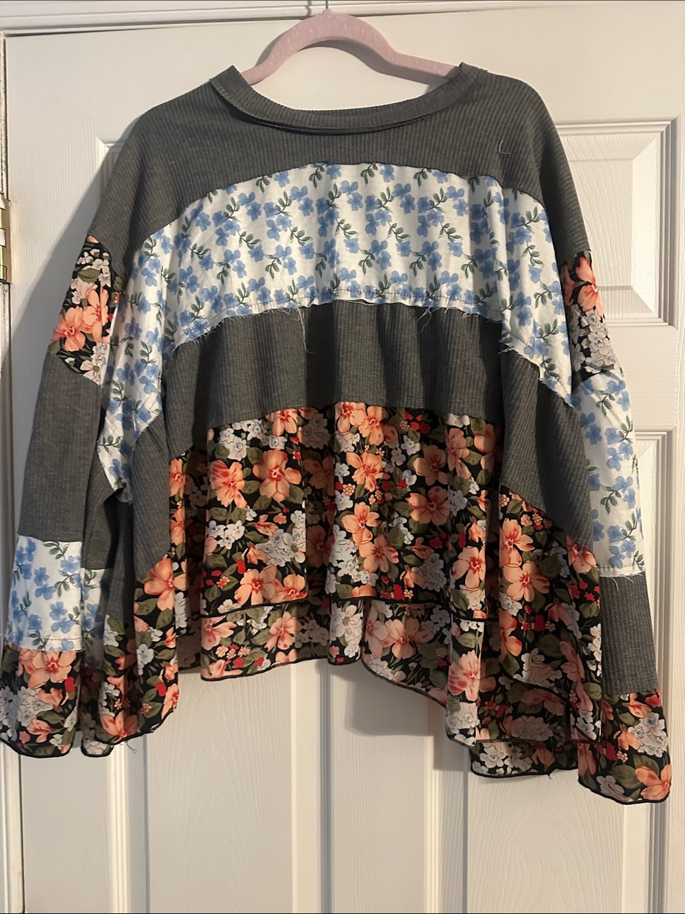 POL Mixed Floral Patchwork Sweatshirt in Gray, Blue & Peach